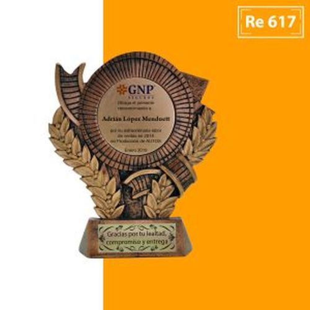 TROFEO DE RECINA COLOR BRONCE CON MEDIDA 13 X 11 CM CON INSERTO IMPRESO A COLOR imagen